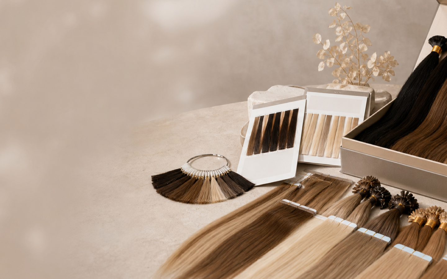 Human hair extension sample kit and colour swatches